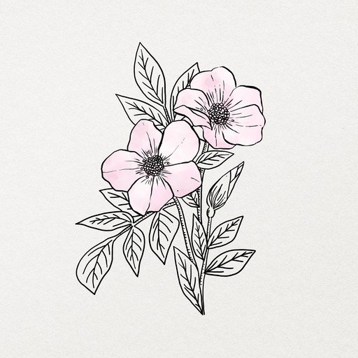 Delicate Pink Flowers with Black Outline and Watercolor Wash