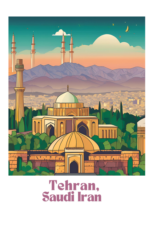 Tehran, Iran Cityscape with Mosques and Mountains