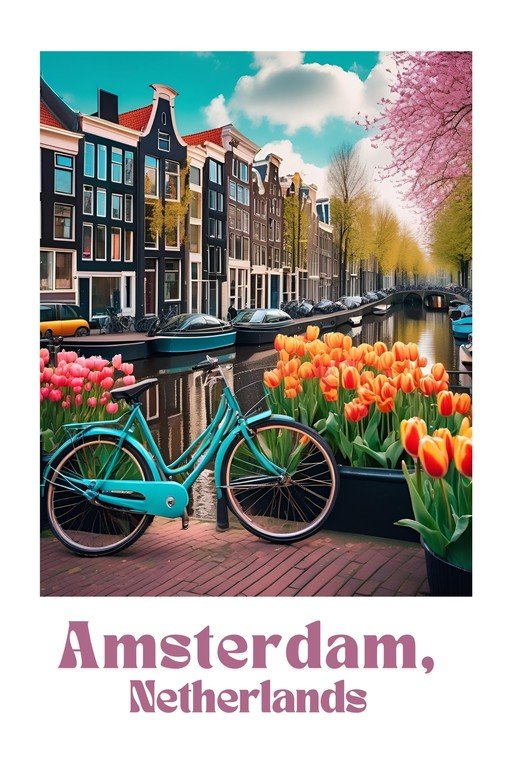 Amsterdam Canal Scene with Bicycle and Tulips