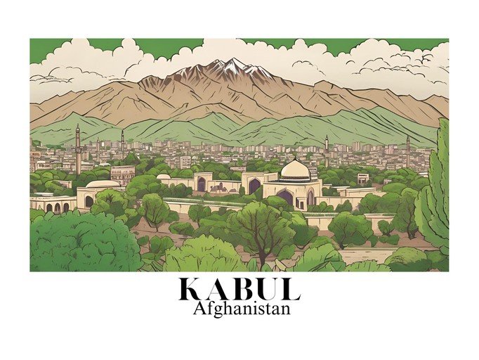 Kabul, Afghanistan Cityscape with Mountains