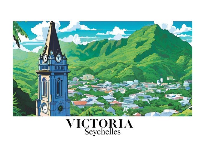 Victoria, Seychelles: Clock Tower and Lush Green Mountains