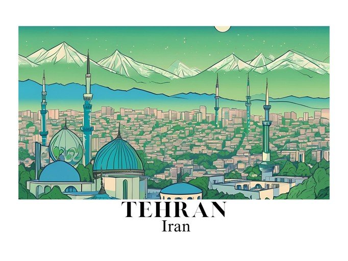 Tehran Skyline with Mountains and Mosques