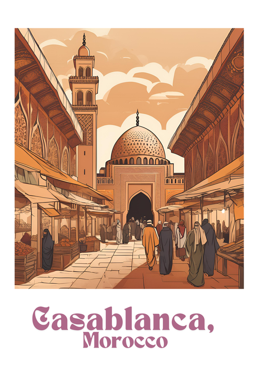 Casablanca, Morocco Market Scene with Mosque
