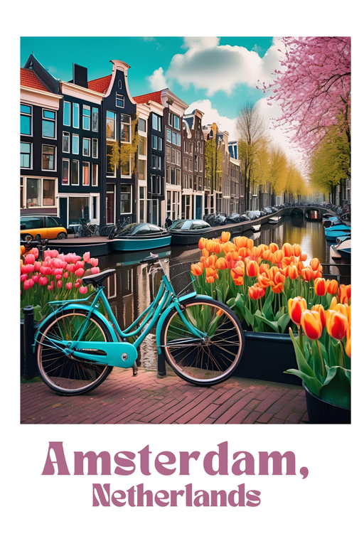Amsterdam Canal Scene with Tulips and Bicycle