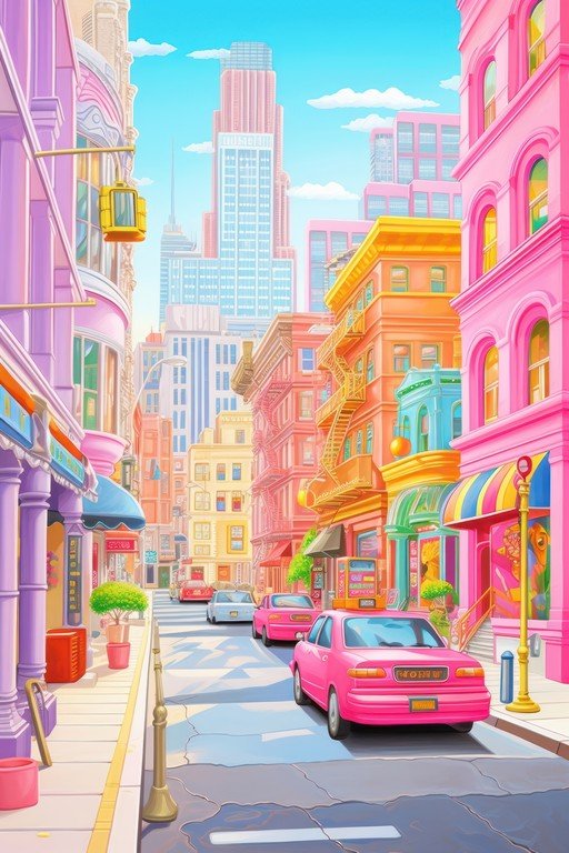 Vibrant Pink City Street with Retro Cars and Tall Buildings
