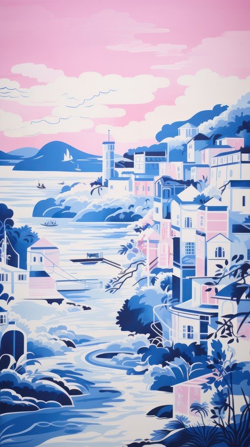 Stylized Coastal Village with Pink Sky