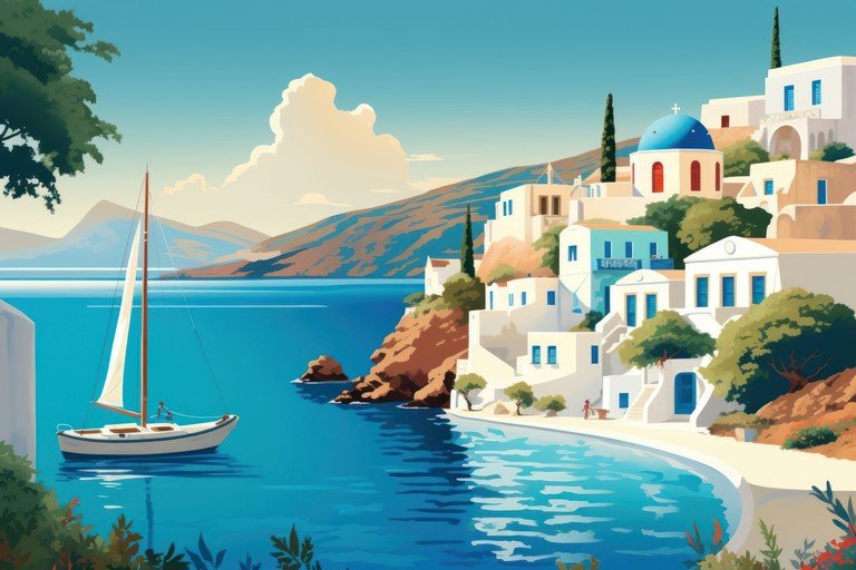 Idyllic Greek Island Village with Sailboat