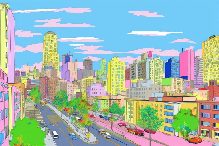 Vibrant Cartoon Cityscape with Pastel Sky