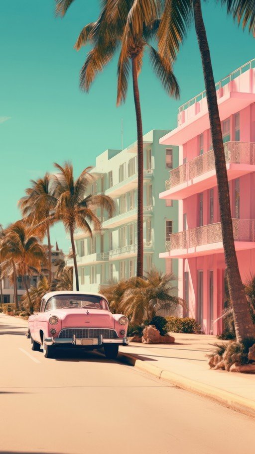 Retro Pink Car and Art Deco Buildings on Sunny Day