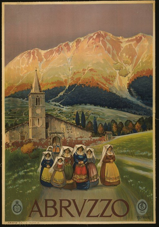 Abruzzo Travel Poster: Mountains, Church, and Traditional Costume