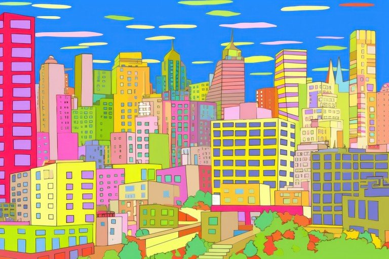 Vibrant Cartoon Cityscape with Colorful Buildings