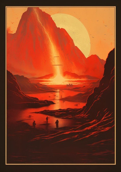 Alien Landscape with Fiery Mountain and UFOs