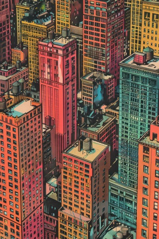 Vibrant Cityscape Illustration with Tall Buildings