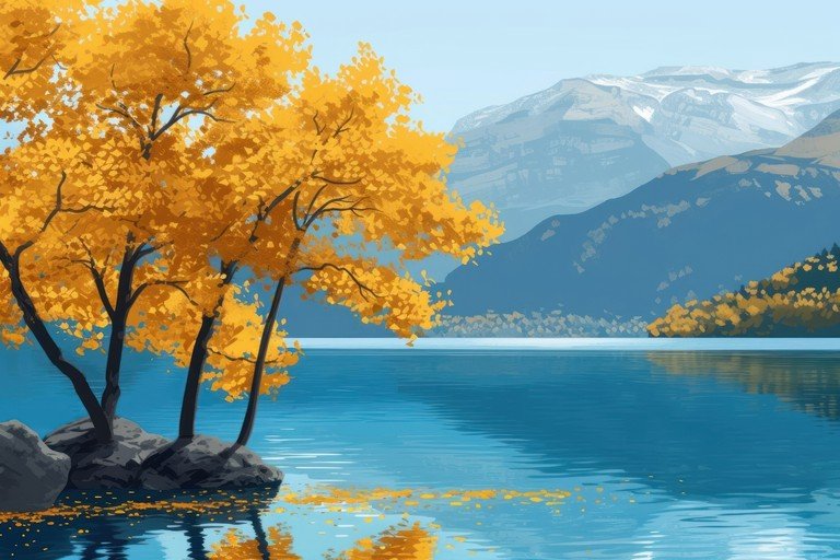 Autumn Trees Reflecting in a Serene Lake with Mountains