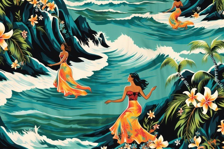 Hawaiian Hula Dancers Amidst Tropical Waves and Flora