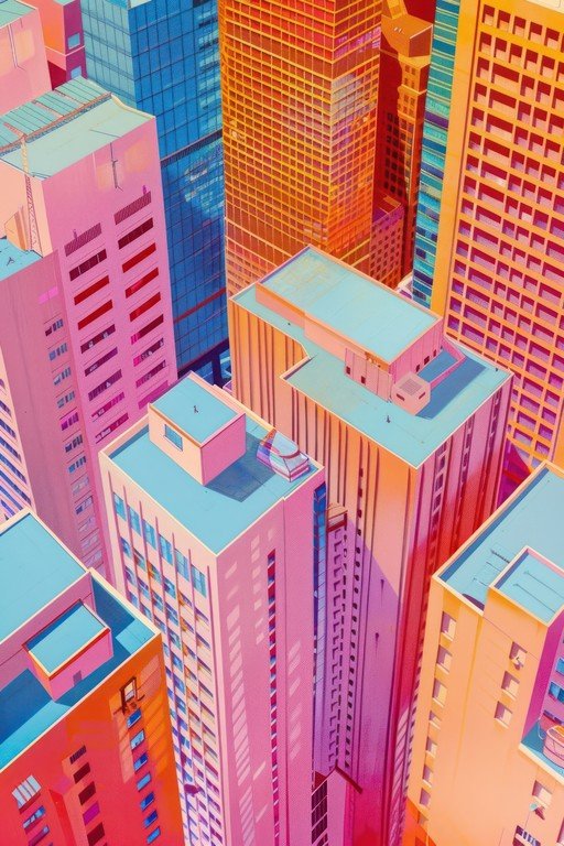 Vibrant Cityscape with Pink and Orange Skyscrapers