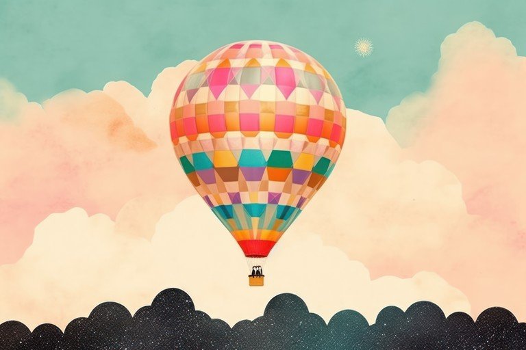 Colorful Hot Air Balloon Ascends Through Dreamy Clouds