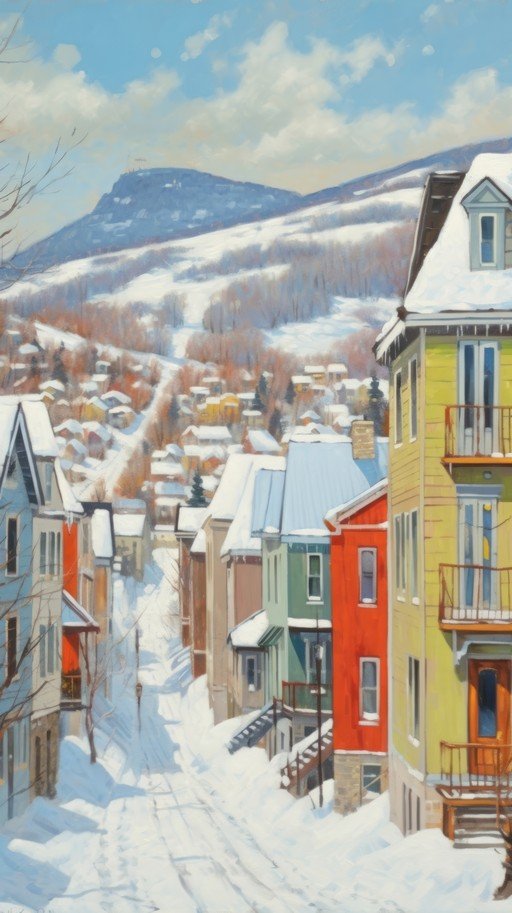 Snowy Street Scene with Colorful Houses and Mountains