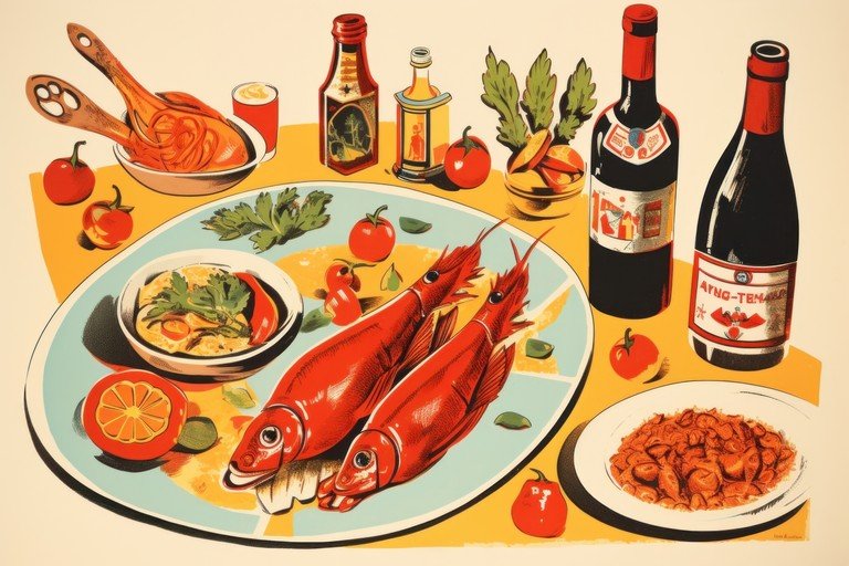 Vibrant Still Life of Seafood and Wine