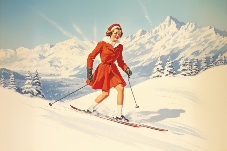 Vintage Woman Skiing Down Snowy Mountain Slope