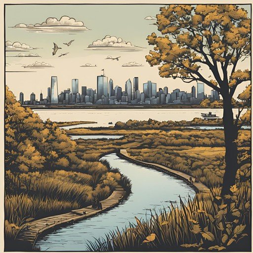 Cityscape Meets Nature: Boardwalk Through Wetlands