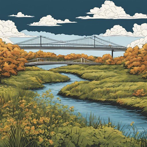 Autumn Landscape with Bridges Over Winding River