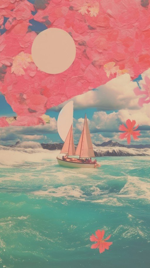Surreal Sailboat Adventure with Pink Flowers and Moon