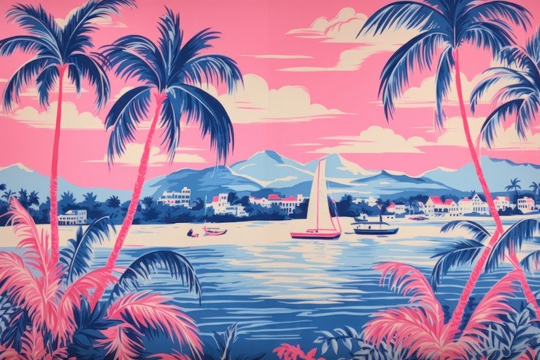 Vibrant Tropical Paradise with Palm Trees and Sailboat