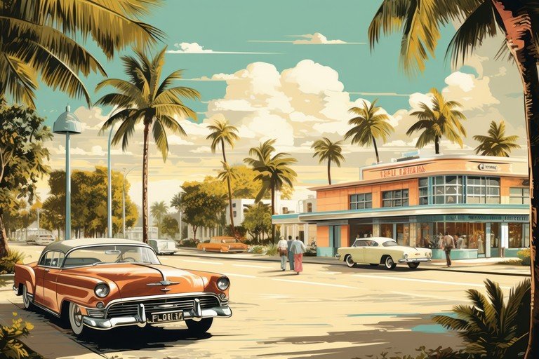 Retro Miami Beach Scene with Classic Cars and Palm Trees