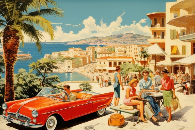 Vintage Riviera Scene with Classic Car and People