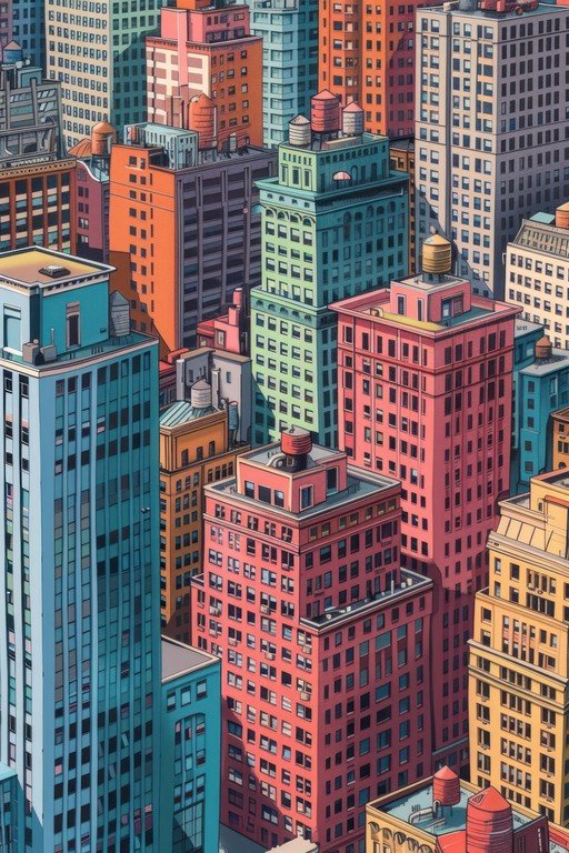 Vibrant Cityscape with Colorful Art Deco Buildings