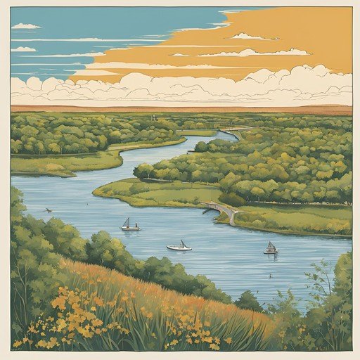 Serene River Landscape with Sailboats and Lush Greenery