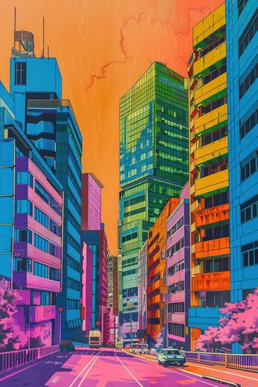 Vibrant Anime Cityscape at Sunset