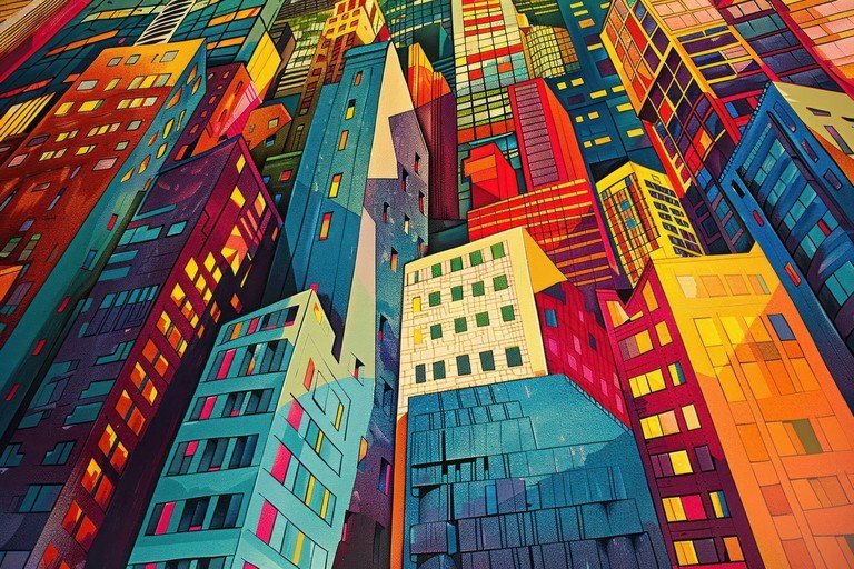 Vibrant Abstract Cityscape with Geometric Buildings