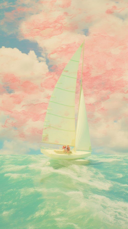 Sailboat on Turquoise Waves Under Pink Clouds