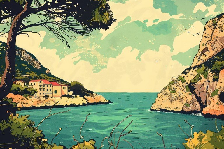 Coastal Village with Mediterranean Sea and Cliffs