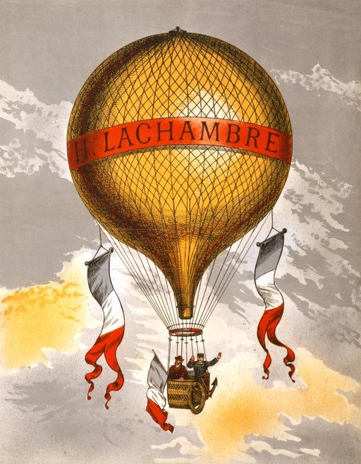 Vintage Hot Air Balloon with French Flags and Passengers