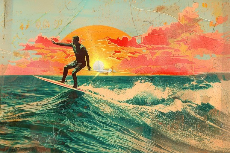 Surfer Rides Wave at Sunset in Artistic Style