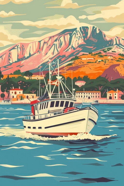 Fishing Boat Sails Past Coastal Town and Mountains