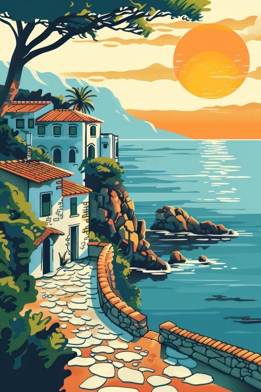 Coastal Village Scene with Mediterranean Architecture