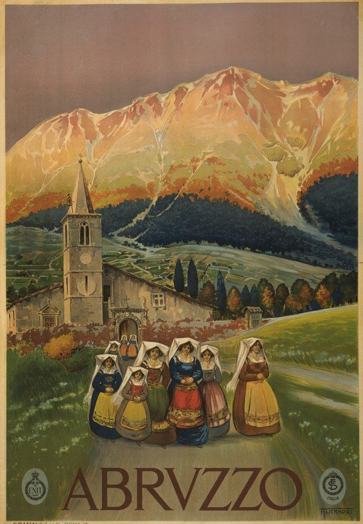 Abruzzo Travel Poster: Mountains, Church, and Traditional Costumes