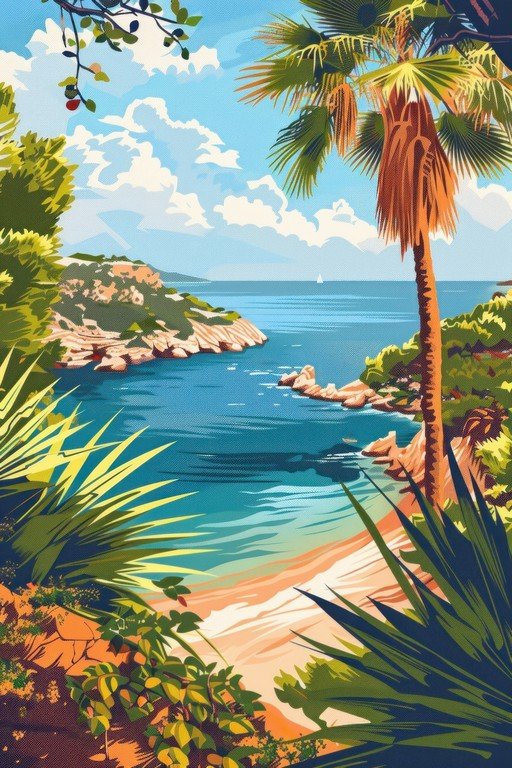 Tropical Paradise Coastal Scene with Palm Trees