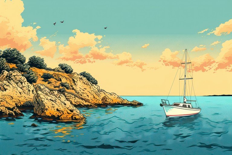 Sailboat on Calm Sea Near Rocky Coastline
