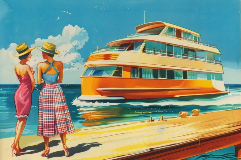 Vintage Cruise Ship Scene with Two Women on Dock
