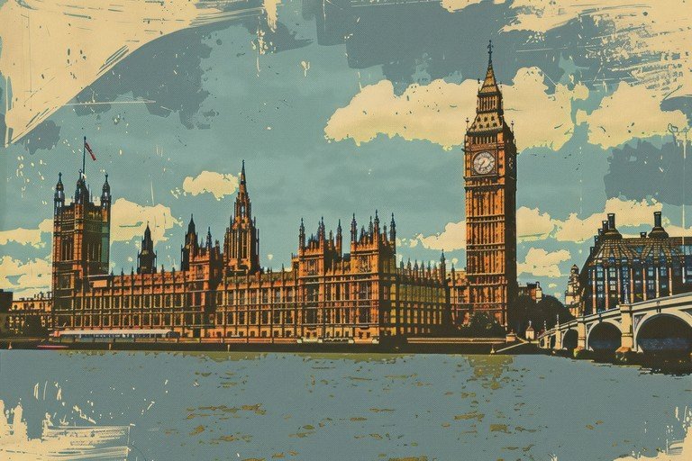 Vintage London Skyline with Big Ben and Parliament