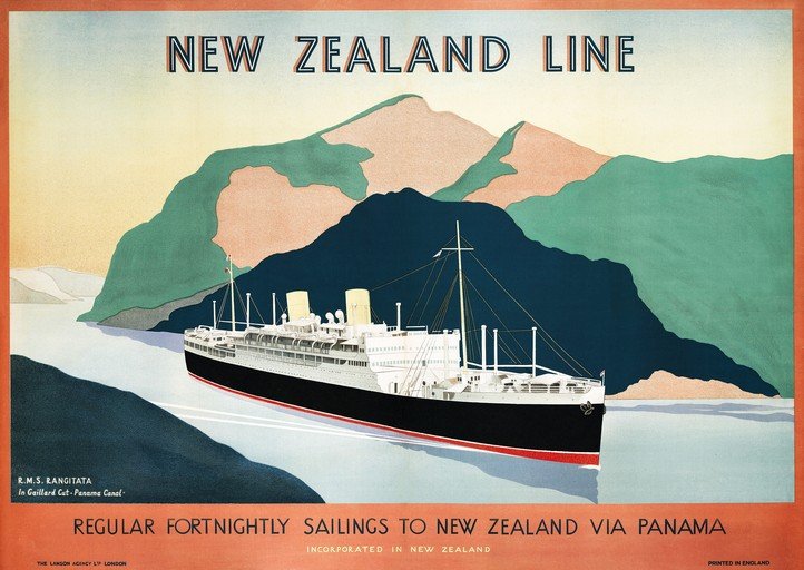 New Zealand Line Poster: R.M.S. Rangitata Sailing Through Panama Canal