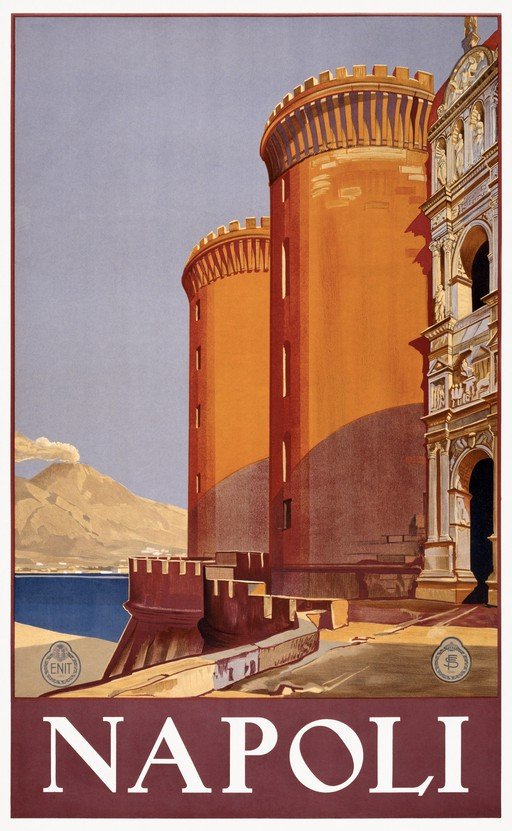 Napoli Travel Poster: Castel Nuovo and Mount Vesuvius