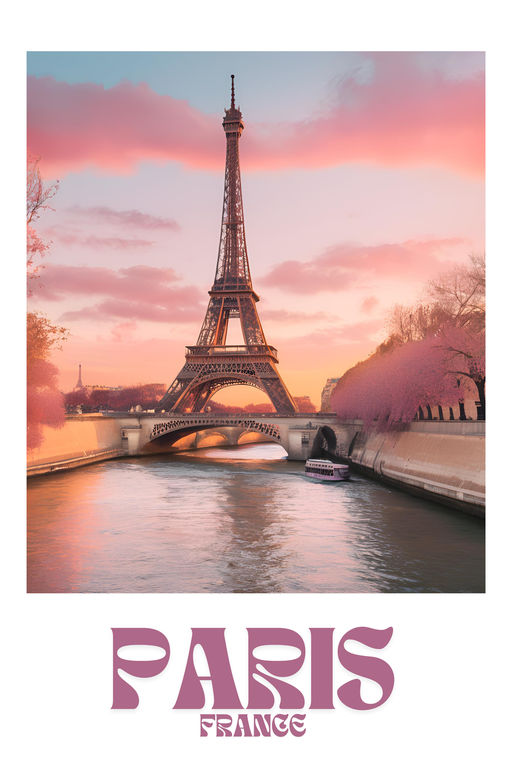 Eiffel Tower at Sunset with Seine River and Cherry Blossoms