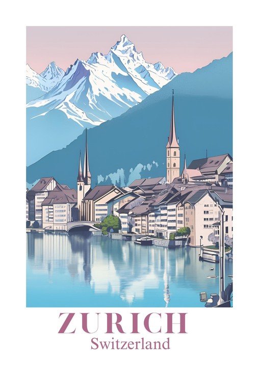 Zurich, Switzerland: Cityscape with Mountains and River