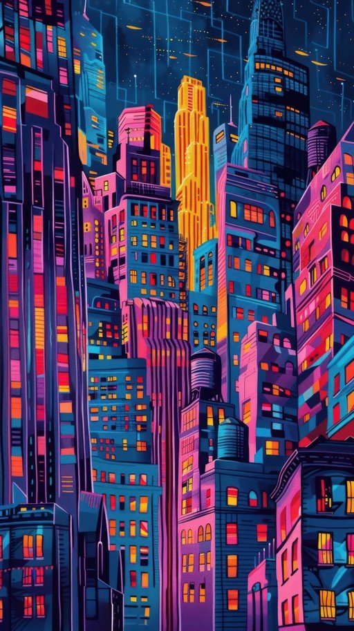 Vibrant Art Deco Cityscape at Night